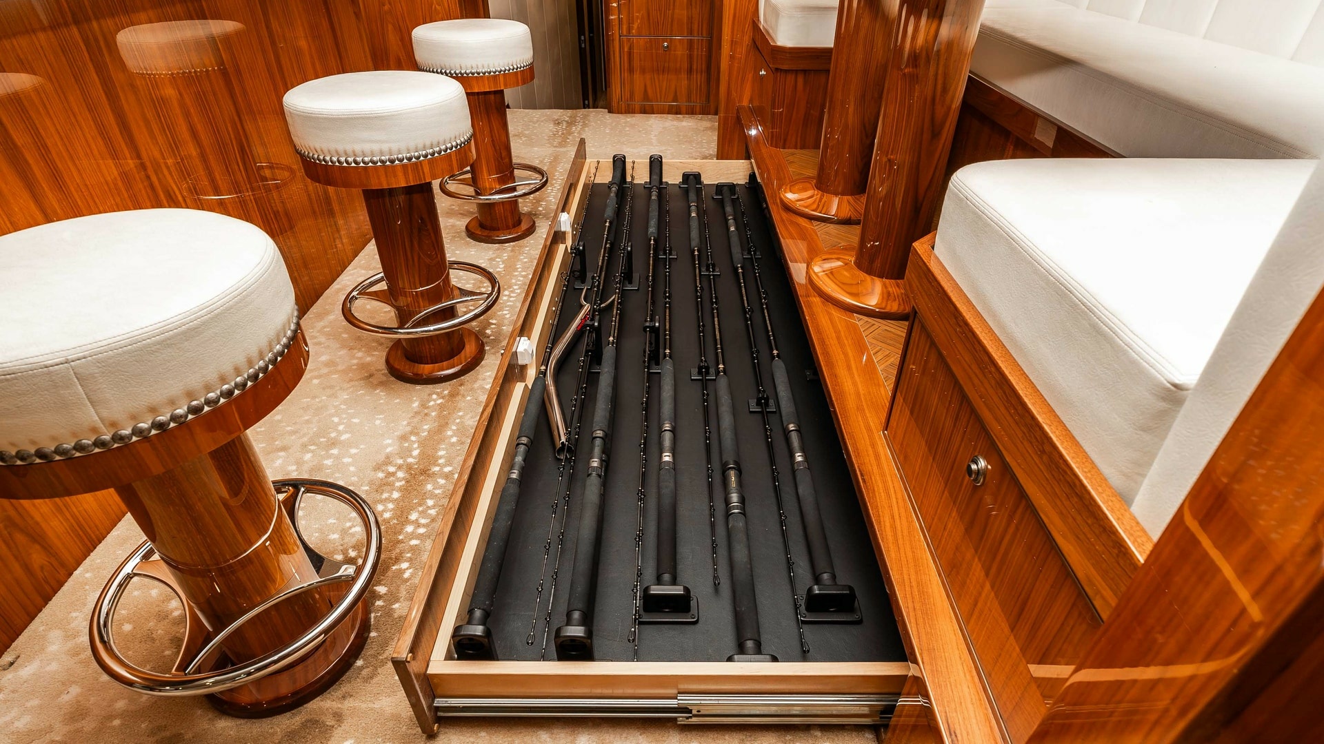 Viking-80 Skybridge 2019-PARTY OF FIVE San Diego-California-United States-2019 Viking 80 Skybridge PARTY OF FIVE  Seamless Built-In Rod Storage Beneath the Dinette for the Discerning Angler-6802007 | Thumbnail