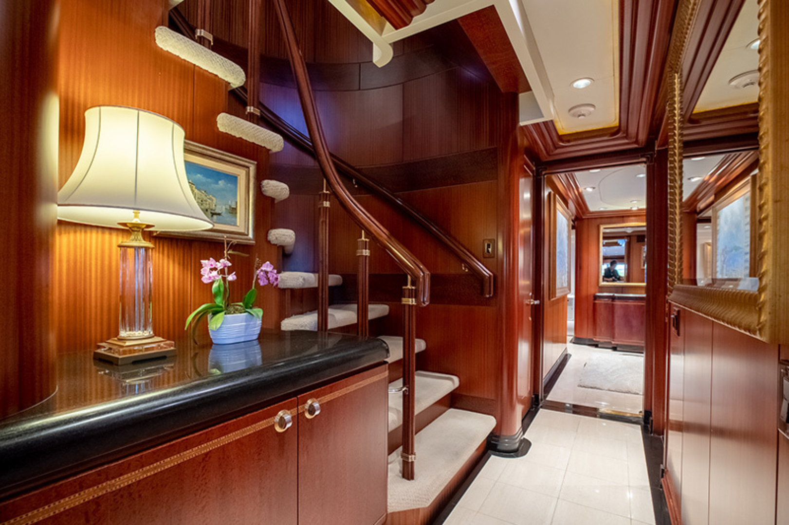 Feadship-Tri-Deck 1992-NEVER ENOUGH Nassau-Bahamas-Stairway to Upper Deck-1434183 | Thumbnail