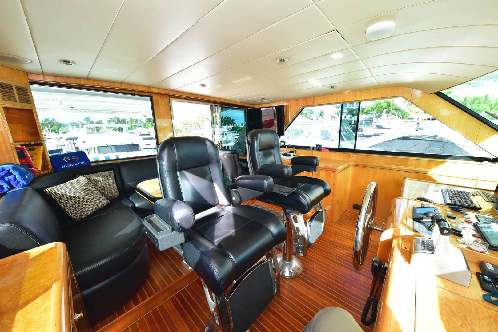 Horizon-65 Skylounge 2002-Alls Well Miami Beach-Florida-United States-Helm Looking Aft with Desk, TV, Computer and Dining-Cruising-Relaxation-Lounge Area-1668761 | Thumbnail