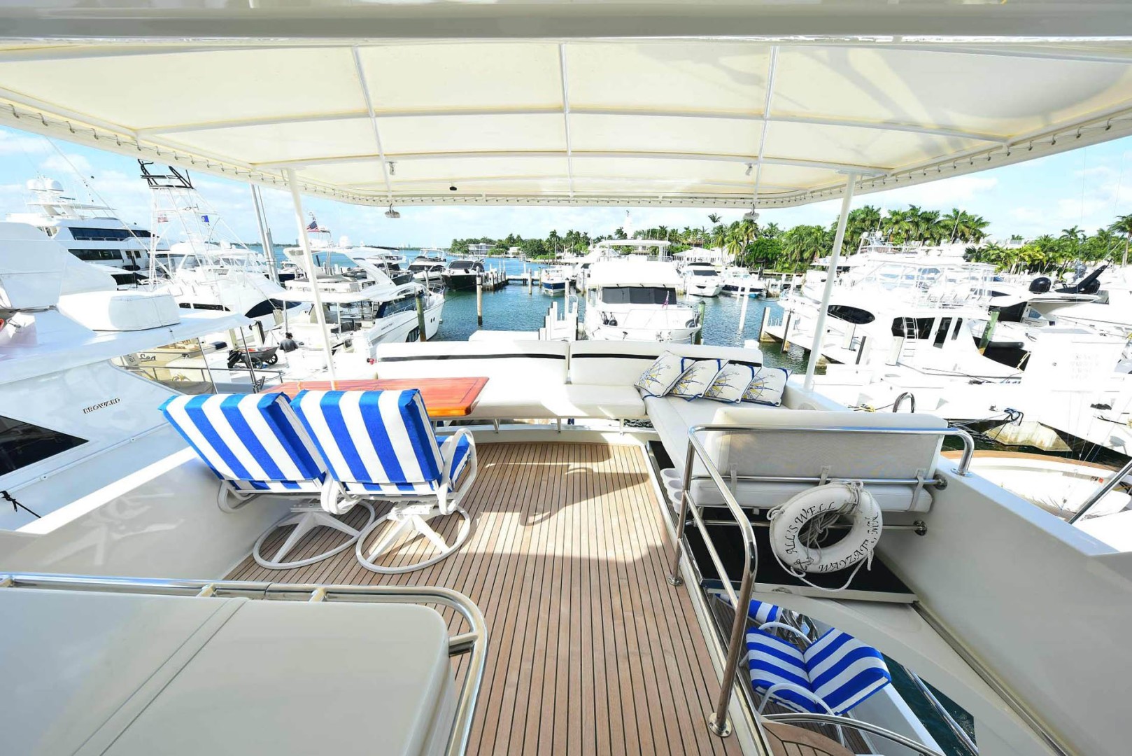 Horizon-65 Skylounge 2002-Alls Well Miami Beach-Florida-United States-Flybridge Deck Looking Aft with Custom Aft Seating, Table and Portside Lounge-1668781 | Thumbnail