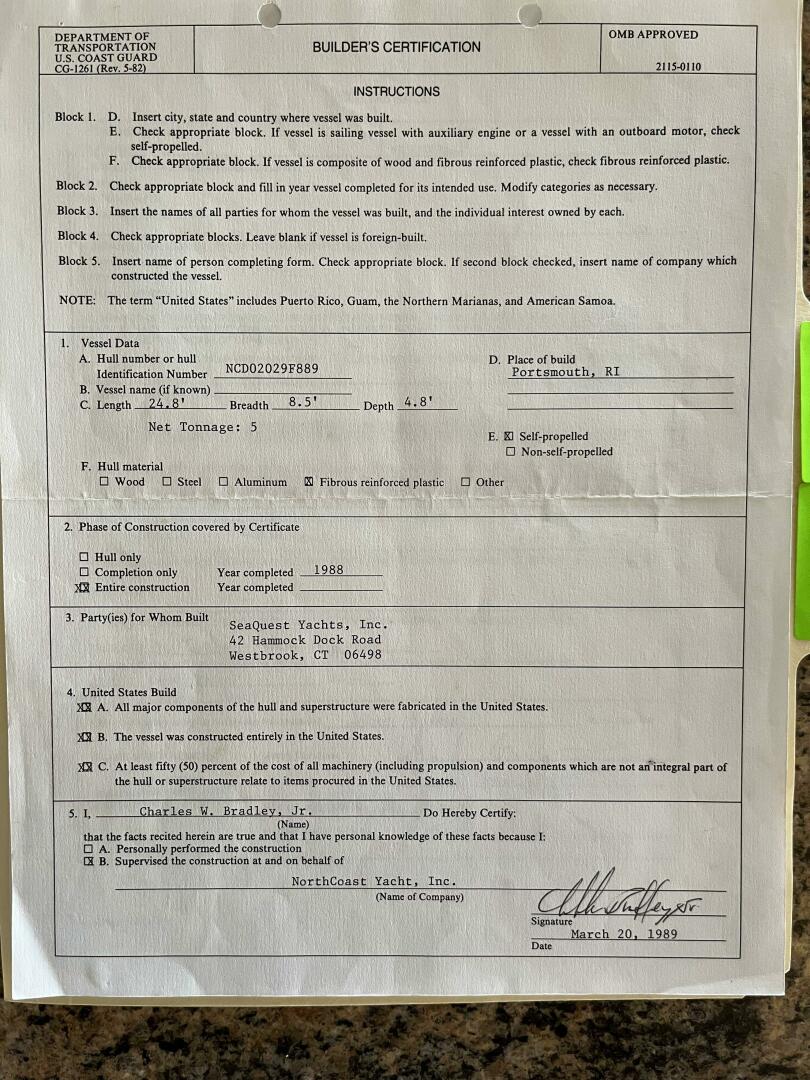 Northcoast-Sportfish 1989-UNCLE BILL Jonesport-Maine-United States-Builder Certificate-4400925 | Thumbnail