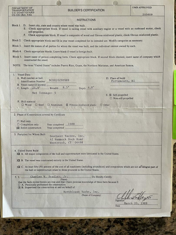 Northcoast-Sportfish 1989-UNCLE BILL Jonesport-Maine-United States-Builder Certificate-4400925