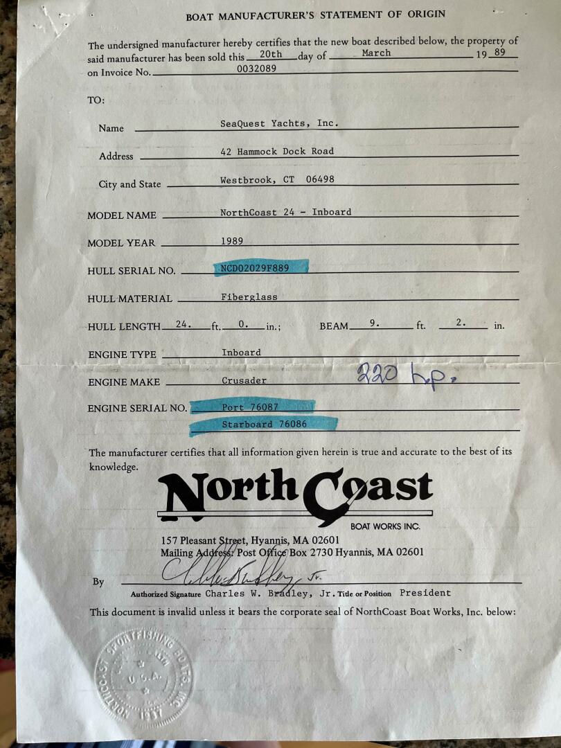 Northcoast-Sportfish 1989-UNCLE BILL Jonesport-Maine-United States-Manufacturer Stmt-4400922 | Thumbnail