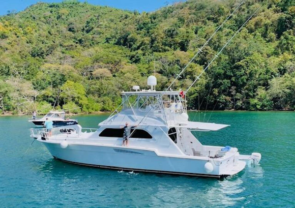 Bertram-54 1988 -Stuart-1988 Bertram 54 yacht on serene water, surrounded by lush green hills.-4947203