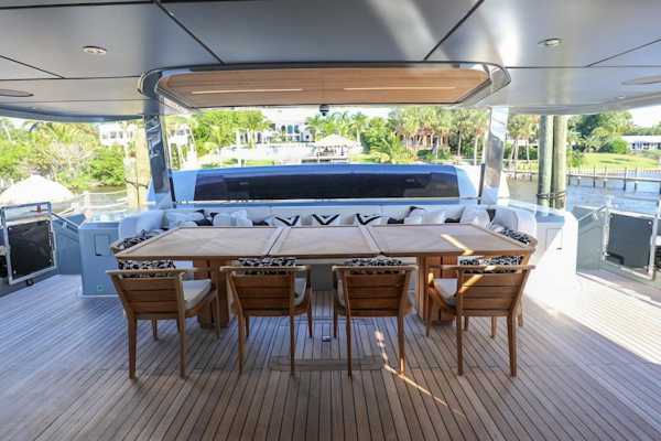 Majesty Yachts-120 2025-Fractional Ownership Available Stuart-Florida-United States-Luxurious 2025 Majesty 120 yacht deck with elegant dining area and scenic views.-4947534