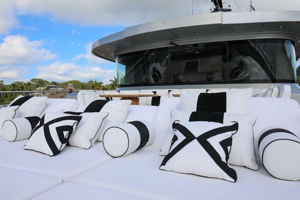 Majesty Yachts-120 2025-Fractional Ownership Available Stuart-Florida-United States-Luxurious 2025 Majesty 120 yacht with stylish black and white cushions on deck.-4947526