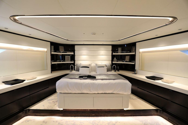 Majesty Yachts-120 2025-Fractional Ownership Available Stuart-Florida-United States-Luxurious bedroom interior on 2025 Majesty 120 yacht, featuring modern design and ambient lighting.-4947560
