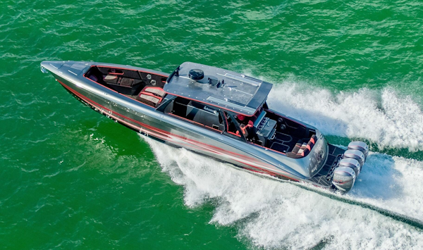 Concept Boats-Open Deck 2021-Lucky 13 Dania Beach-Florida-United States-Aerial Bow Quarter at Speed-4950893