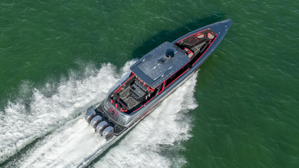 Concept Boats-Open Deck 2021-Lucky 13 Dania Beach-Florida-United States-Aerial Stern Quarter Green Water-4950866
