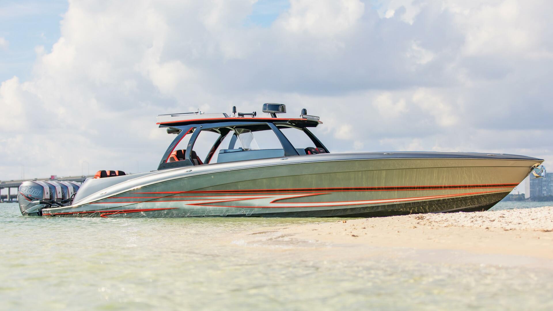 Concept Boats-Open Deck 2021-Lucky 13 Dania Beach-Florida-United States-Aerial Stern View with Lucky 13 Graphics-4950845 | Thumbnail