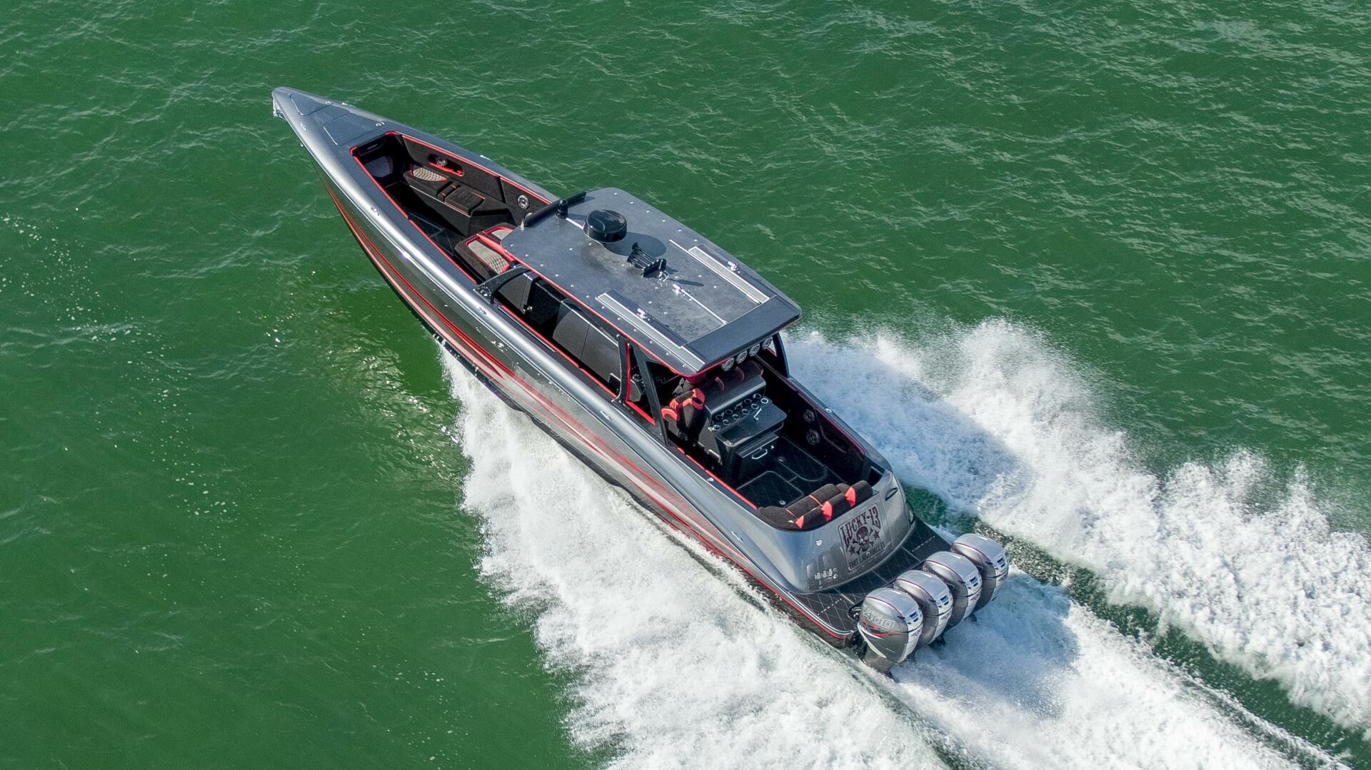 Concept Boats-Open Deck 2021-Lucky 13 Dania Beach-Florida-United States-Aerial Port Quarter Close-4950891 | Thumbnail