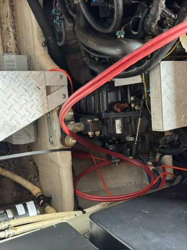 Sea Ray-380 Sundancer 2003 -Stuart-Engine compartment of a 2003 Sea Ray 380 Sundancer with visible wiring and components.-5185263