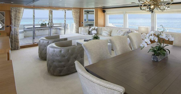 Johnson-Flybridge w/Hydraulic Platform 2027-JOHNSON 93 OPEN FB Kaohsiung-Taiwan-Salon Looking Aft-5032649