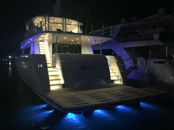 Johnson-Flybridge w/Hydraulic Platform 2027-JOHNSON 93 OPEN FB Kaohsiung-Taiwan-Stern At Night-5032705