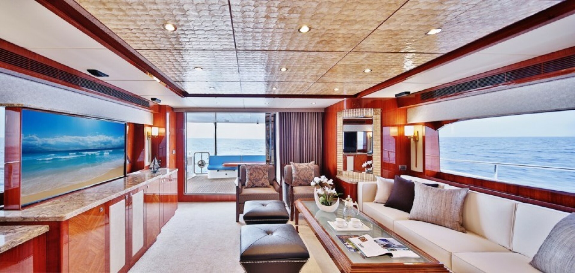 Johnson-Flybridge w/Hydraulic Platform 2027-JOHNSON 80 FLYBRIDGE Kaohsiung-Taiwan-Salon looking aft-5033160 | Thumbnail