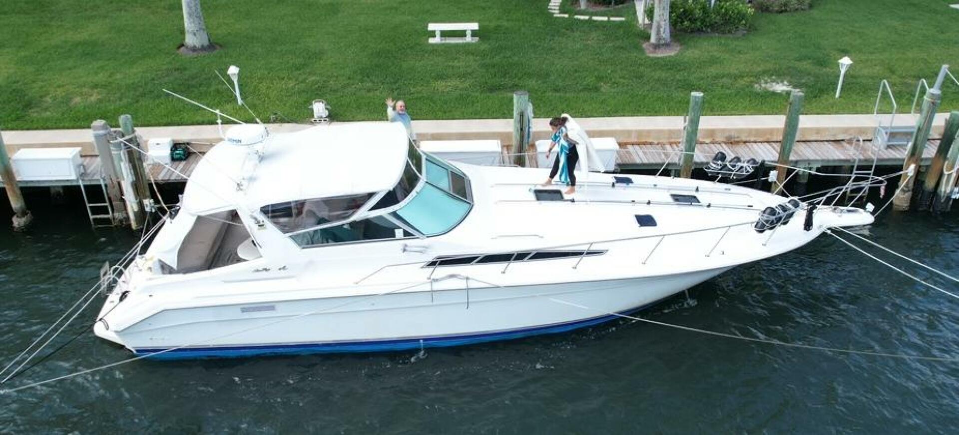 Sea Ray-440 Sundancer 1993 -Stuart-1993 Sea Ray 440 Sundancer yacht docked at marina, aerial view.-5268559 | Thumbnail