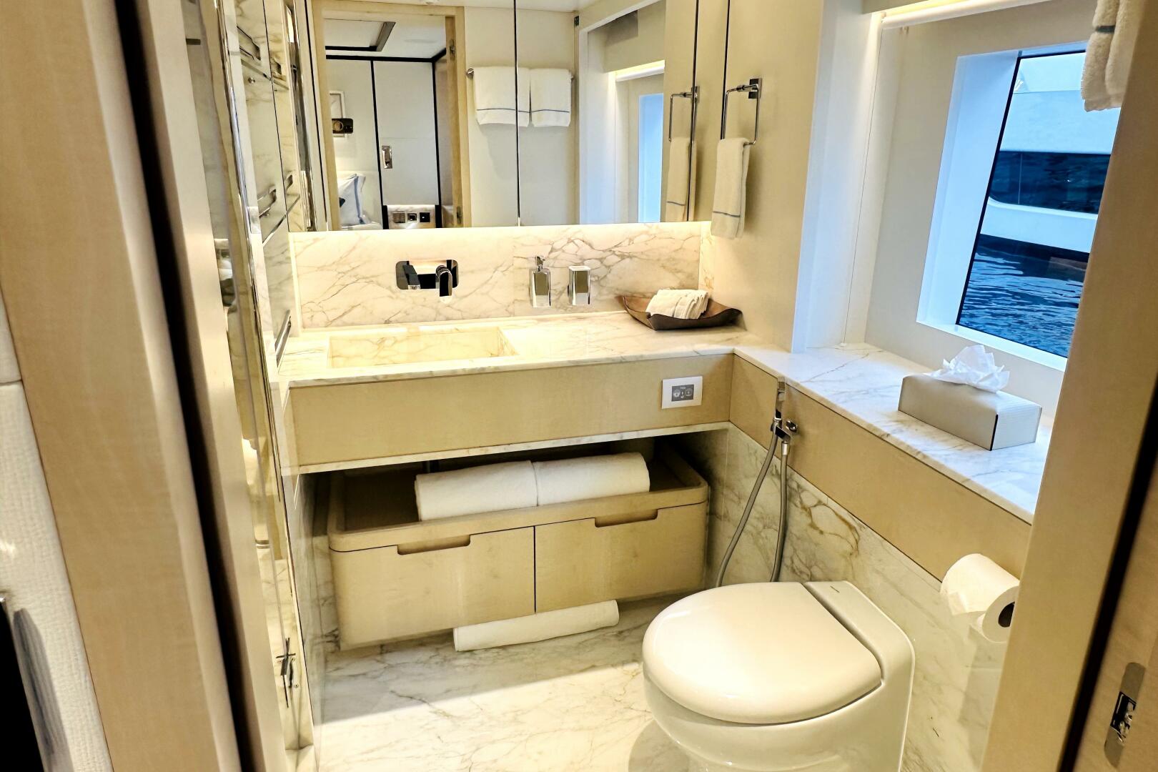 Majesty Yachts-120 2024-Optimism Stuart-Florida-United States-Luxurious 2023 Majesty 120 yacht bathroom with marble accents and modern fixtures.-5695586 | Thumbnail