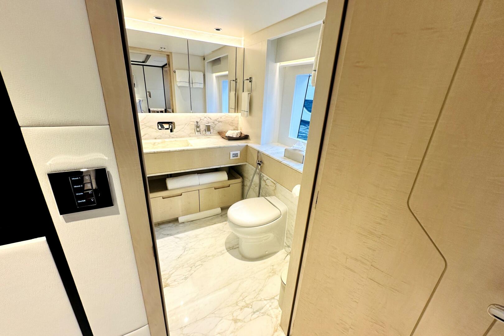 Majesty Yachts-120 2024-Optimism Stuart-Florida-United States-Luxurious bathroom interior on 2023 Majesty 120 yacht, featuring marble flooring and modern fixtures.-5695587 | Thumbnail