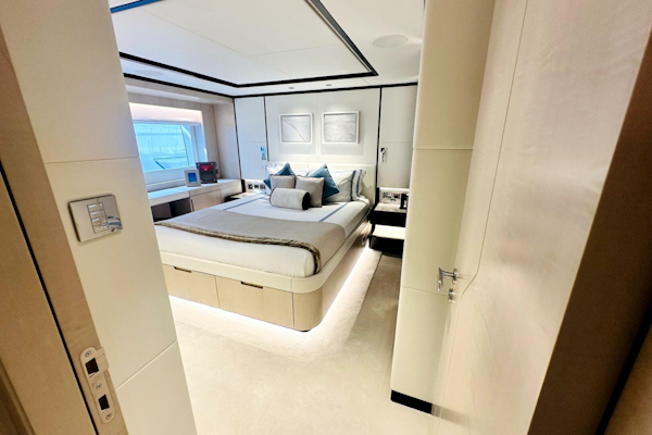 Majesty Yachts-120 2024-Optimism Stuart-Florida-United States-Luxurious bedroom interior on 2023 Majesty 120 yacht, featuring modern design and elegant furnishings.-5695589