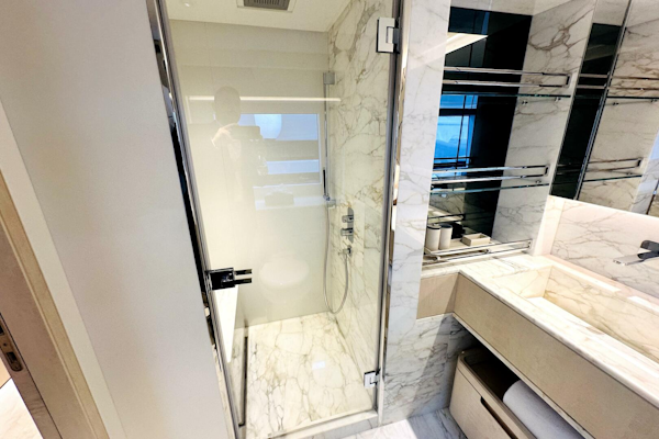Majesty Yachts-120 2024-Optimism Stuart-Florida-United States-Luxurious marble bathroom in 2023 Majesty 120 yacht, featuring glass shower and modern fixtures.-5695571