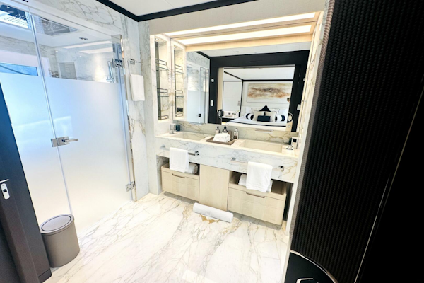 Majesty Yachts-120 2024-Optimism Stuart-Florida-United States-Luxurious marble bathroom in 2023 Majesty 120 yacht, featuring modern fixtures and elegant design.-5695599
