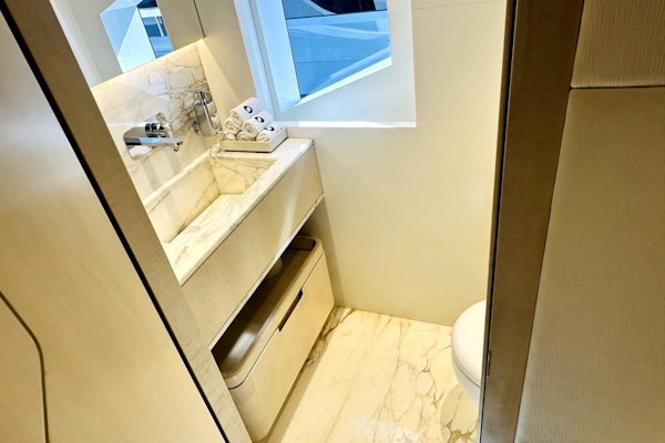 Majesty Yachts-120 2024-Optimism Stuart-Florida-United States-Luxurious bathroom in 2023 Majesty 120 yacht with marble sink and modern fixtures.-5695597