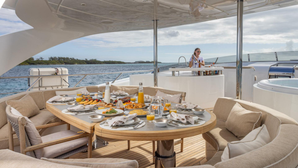 ISA-120 Sport 2017-BACK 9 AND A HALF Fort Lauderdale-Florida-United States-Sundeck Dining Area Looking Forward -5995399