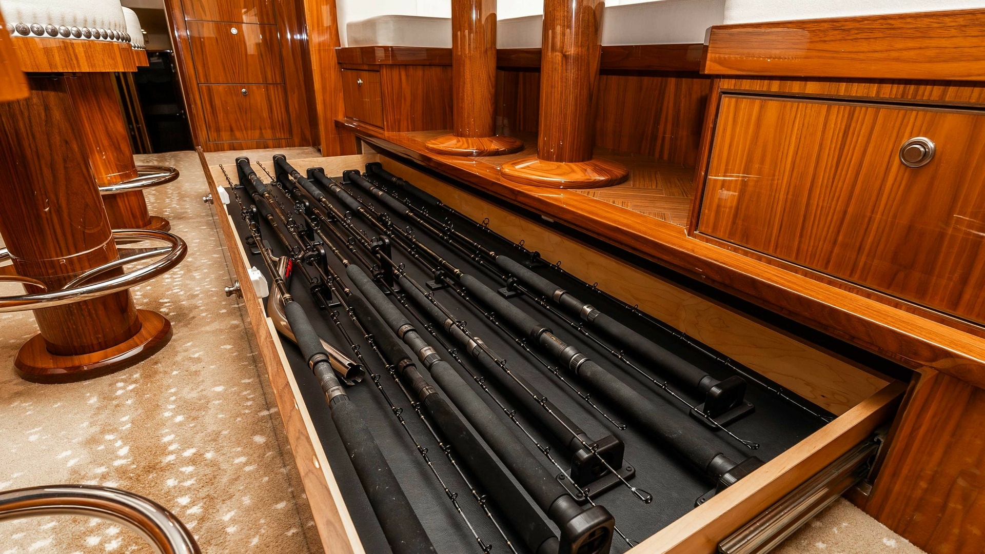Viking-80 Skybridge 2019-PARTY OF FIVE San Diego-California-United States-2019 Viking 80 Skybridge PARTY OF FIVE  Seamless Built-In Rod Storage Beneath the Dinette for the Discerning Angler-6802009 | Thumbnail