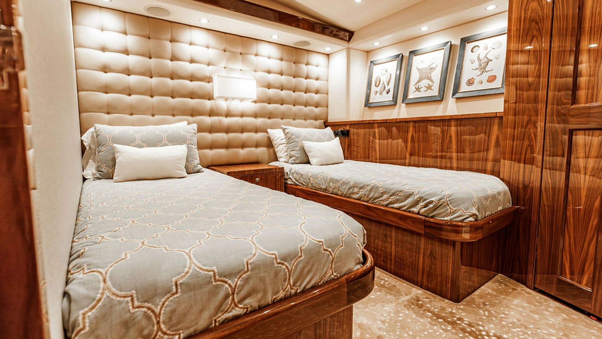 Viking-80 Skybridge 2019-PARTY OF FIVE San Diego-California-United States-2019 Viking 80 Skybridge PARTY OF FIVE  Elegant Twin-Bed Guest Stateroom with Warm Wood Finishes & Refined Comfort -6802020 | Thumbnail