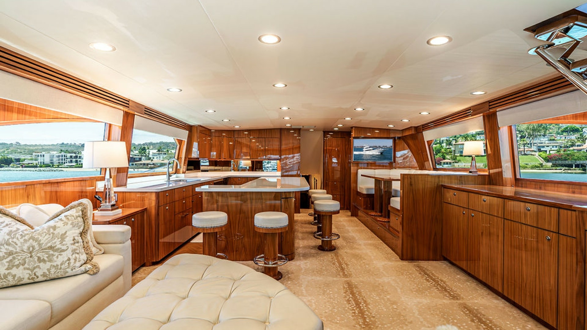 Viking-80 Skybridge 2019-PARTY OF FIVE San Diego-California-United States-2019 Viking 80 Skybridge PARTY OF FIVE  Elegant Main Salon with Rich Wood Finishes & Panoramic Views  -6801992 | Thumbnail