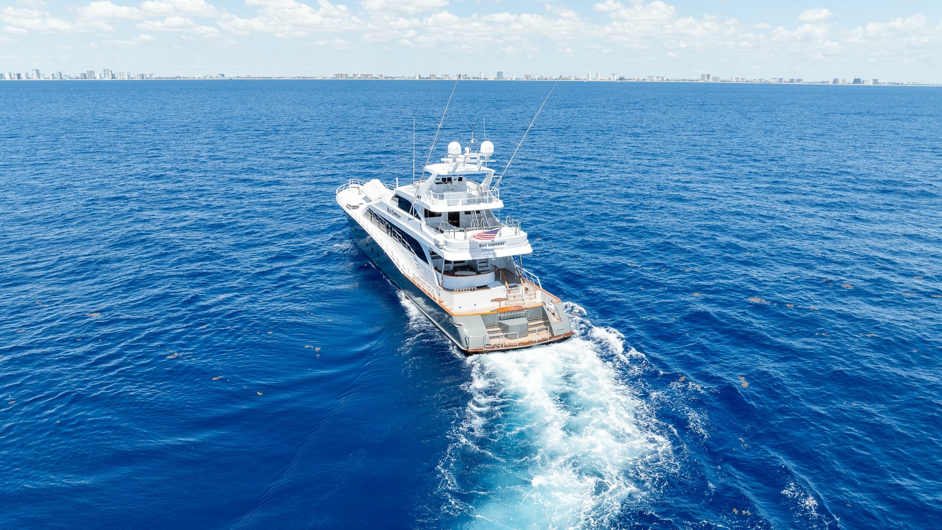 Trinity Yachts-144  1998-BAD COMPANY Fort Lauderdale-Florida-United States-1998 Trinity Yachts Sport Fisherman  BAD COMPANY: Aerial View of Aft and Wake-6803439 | Thumbnail